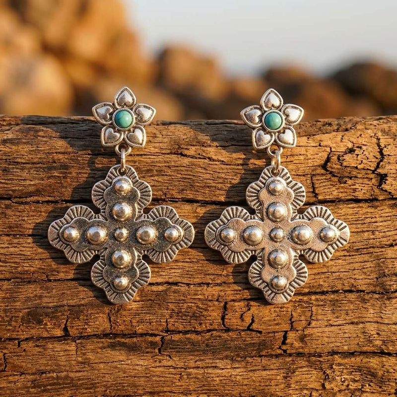 Boho Silver Turquoise Cross Earrings