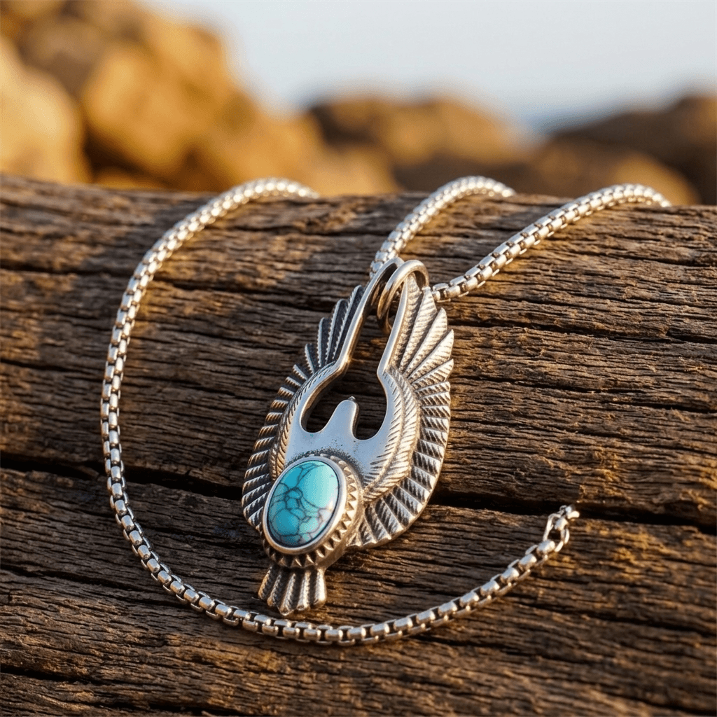 Silver Turquoise Eagle Wing Pendant Necklace