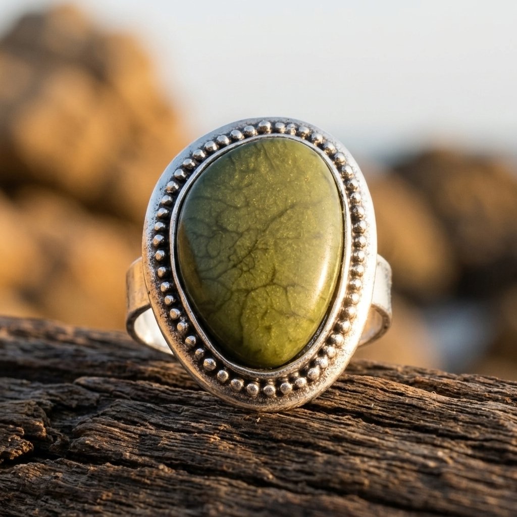 Vintage Silver Green Resin Oval Ring