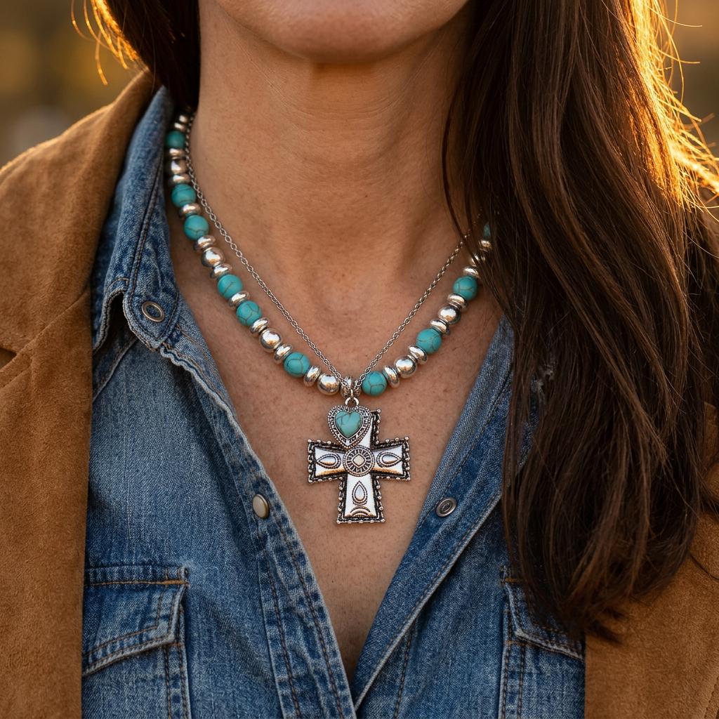 Boho Silver Turquoise Filigree Cross Necklace