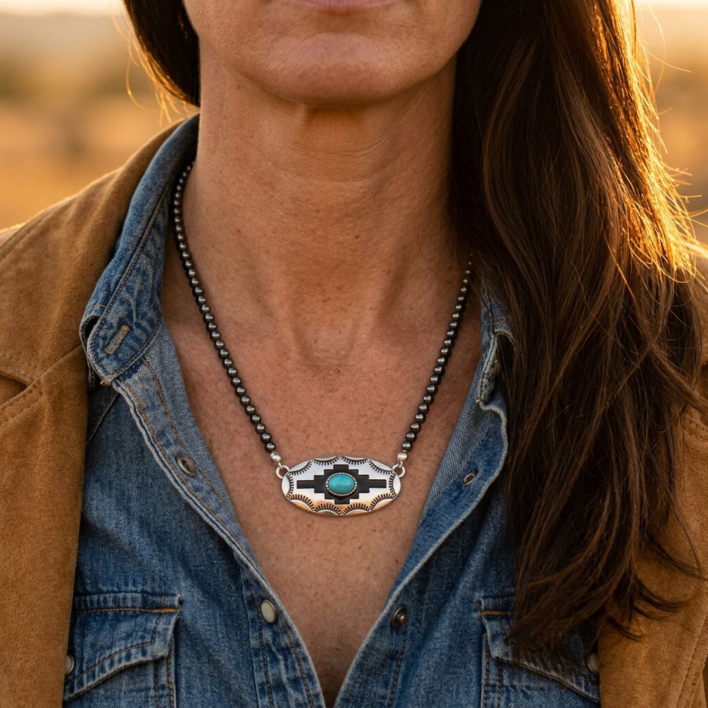 Southwestern Silver Turquoise Cross Necklace