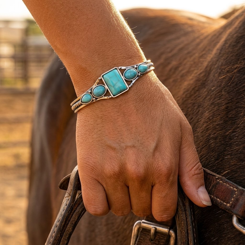 Boho Silver Turquoise Oval Bangle Bracelet