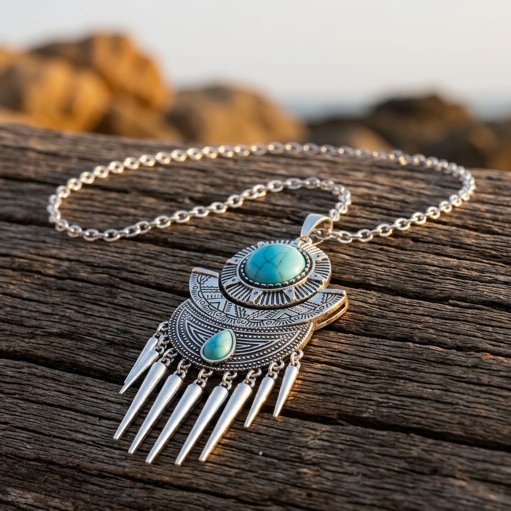 Boho Silver Turquoise Filigree Tassel Necklace