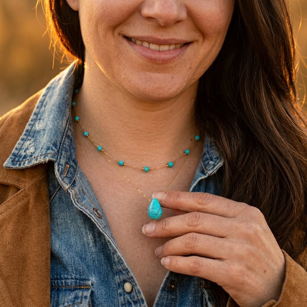 Gold Turquoise Teardrop Layered Beaded Necklace