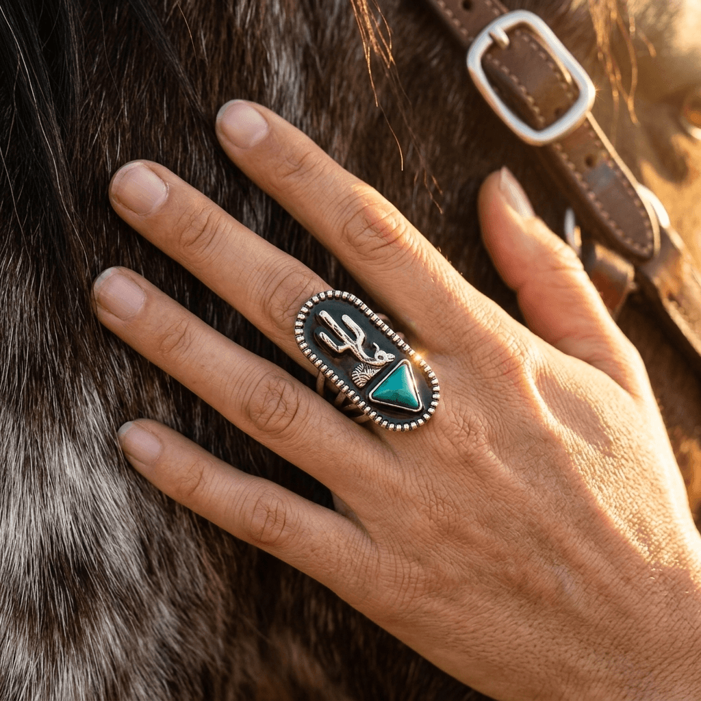 Retro Distressed Turquoise Cactus Statement Ring
