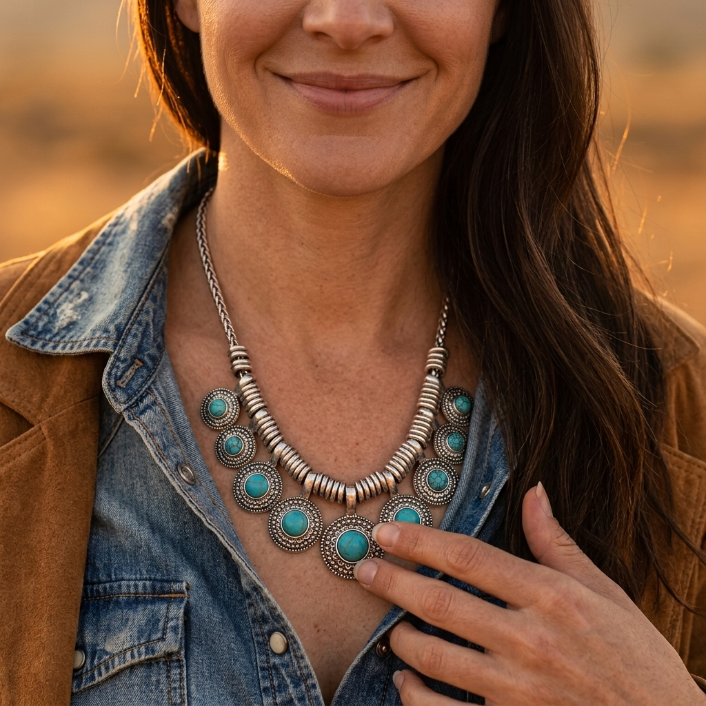 Vintage Turquoise Round Pendant Statement Necklace