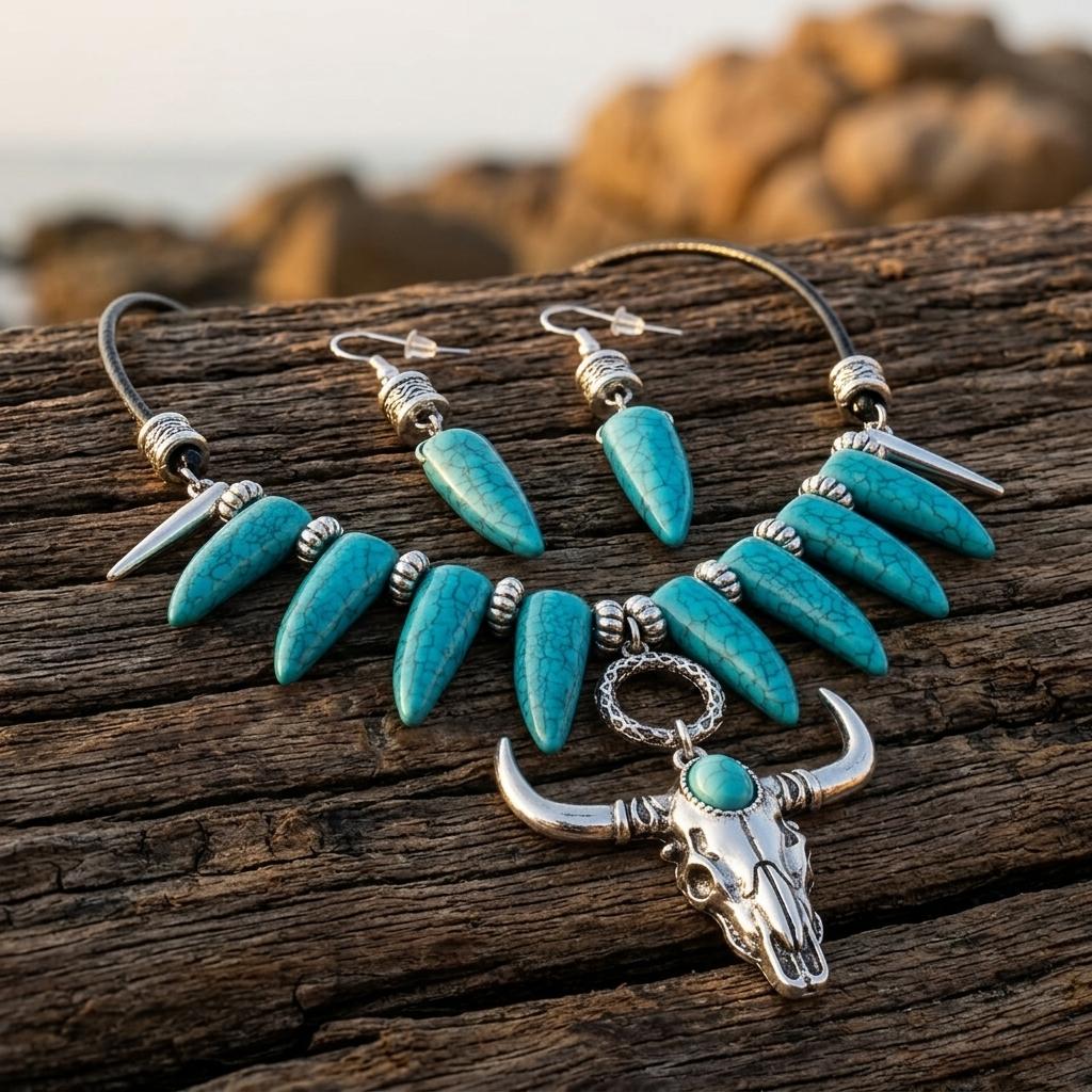 Vintage Silver Turquoise Inlay Jewelry Set