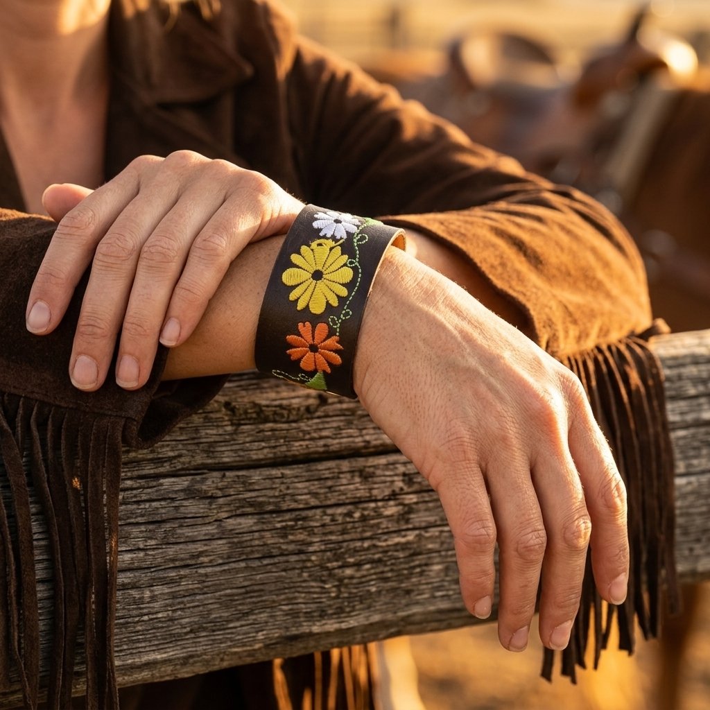 Handmade Brown Leather Embroidered Flower Bracelet