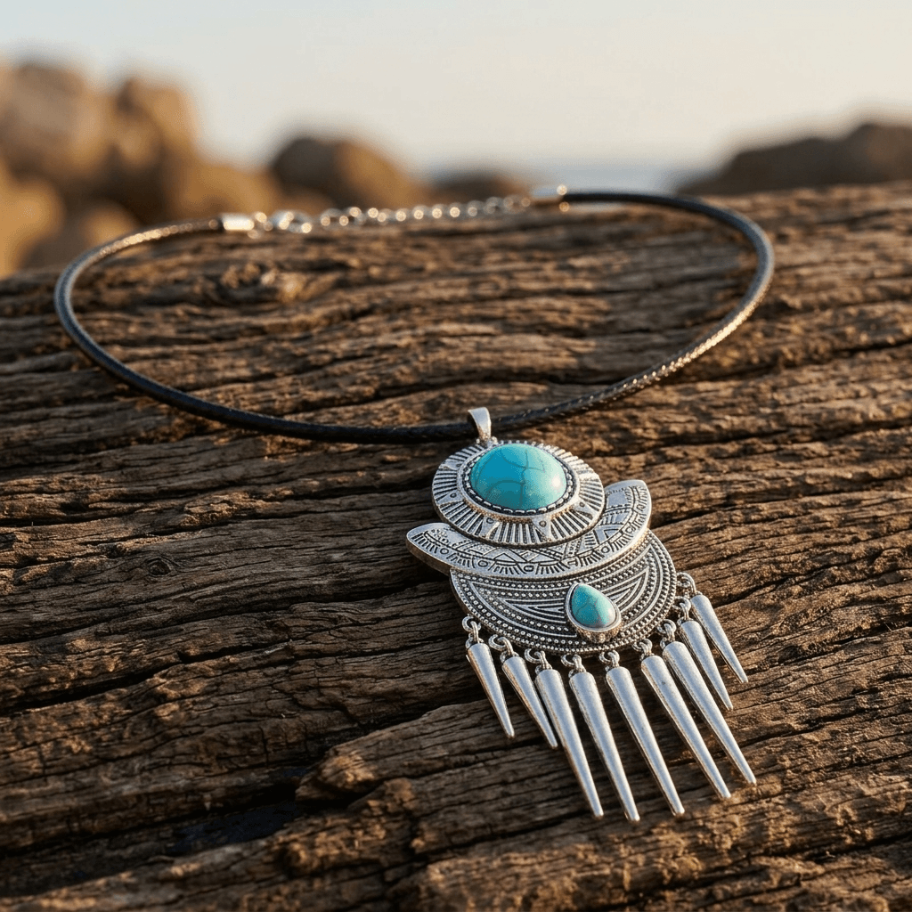 Bohemian Silver Turquoise Tassel Spike Necklace