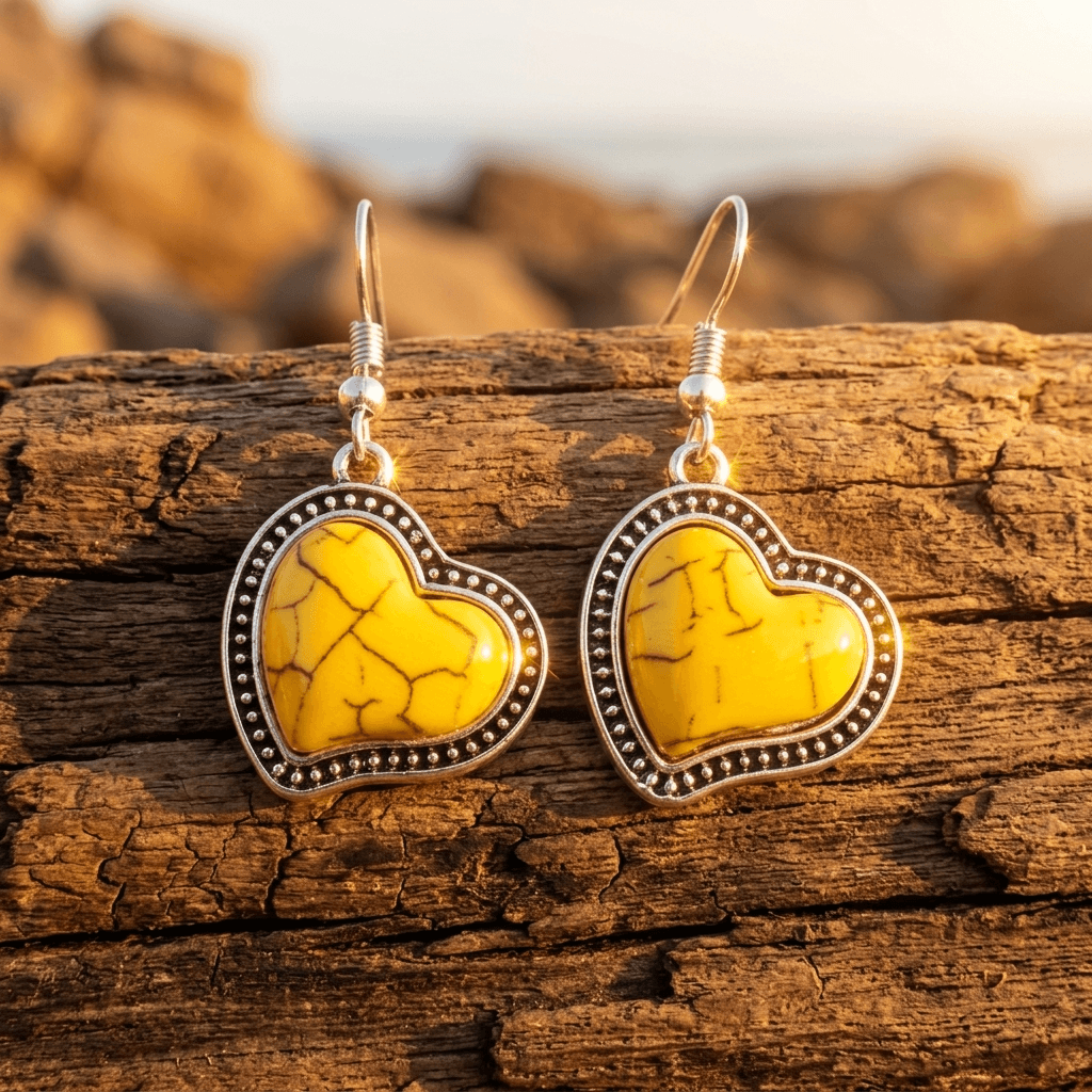 Boho Yellow Turquoise Heart Dangle Earrings