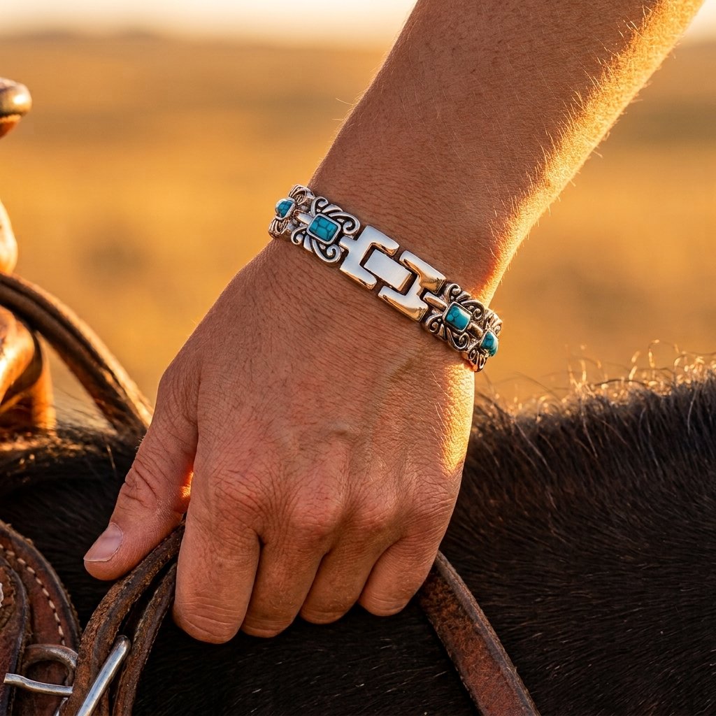 Boho Silver Turquoise Filigree Link Bracelet