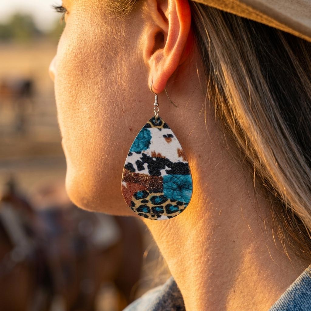 Western Cow Print Gold Geometric Drop Earrings