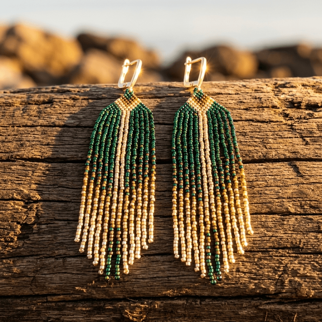 Bohemian Green Beaded Tassel Earrings