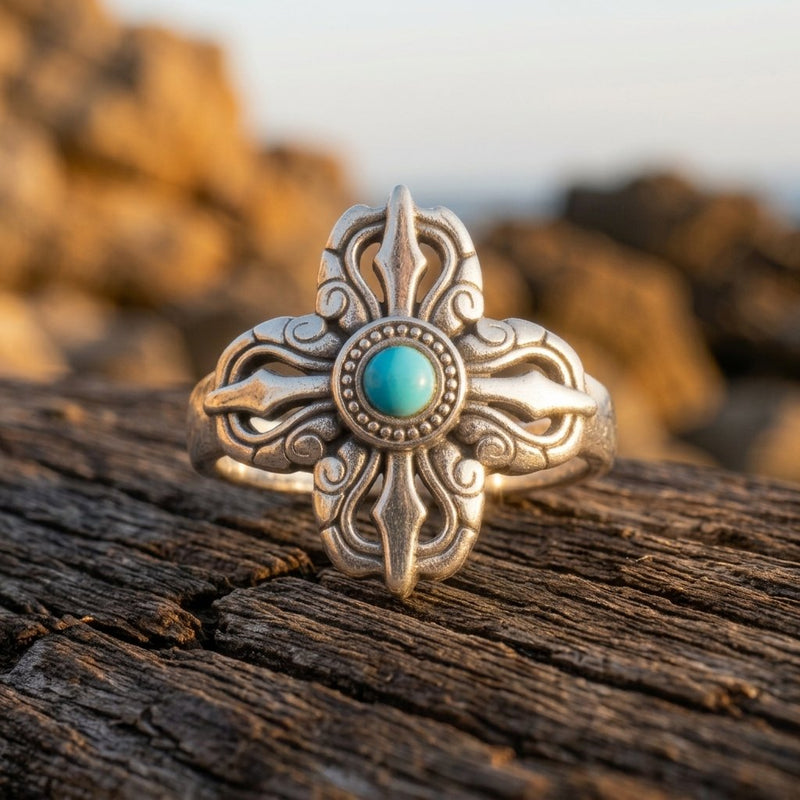 Vintage Silver Turquoise Filigree Cross Ring