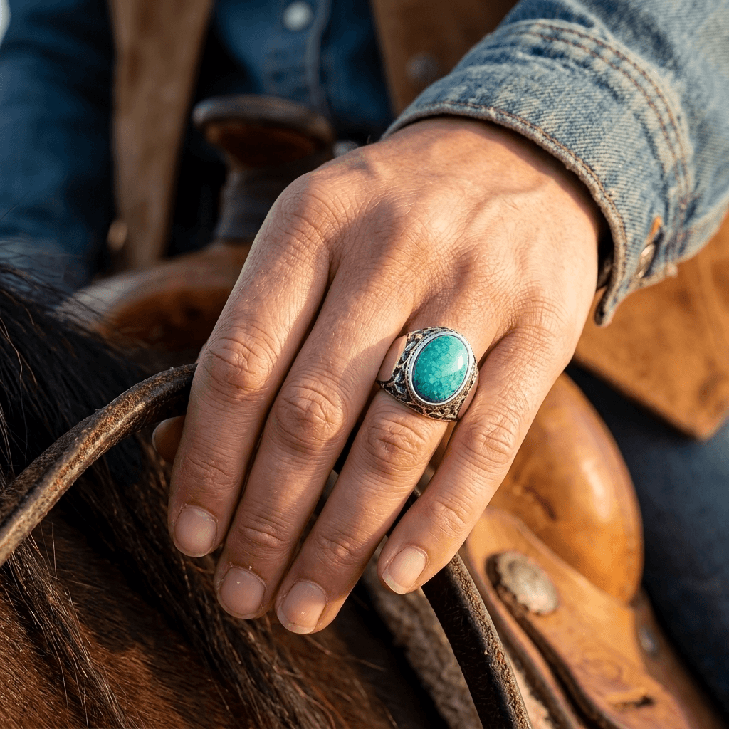 Turquoise Tiger Eye Stainless Steel Wide Band Ring