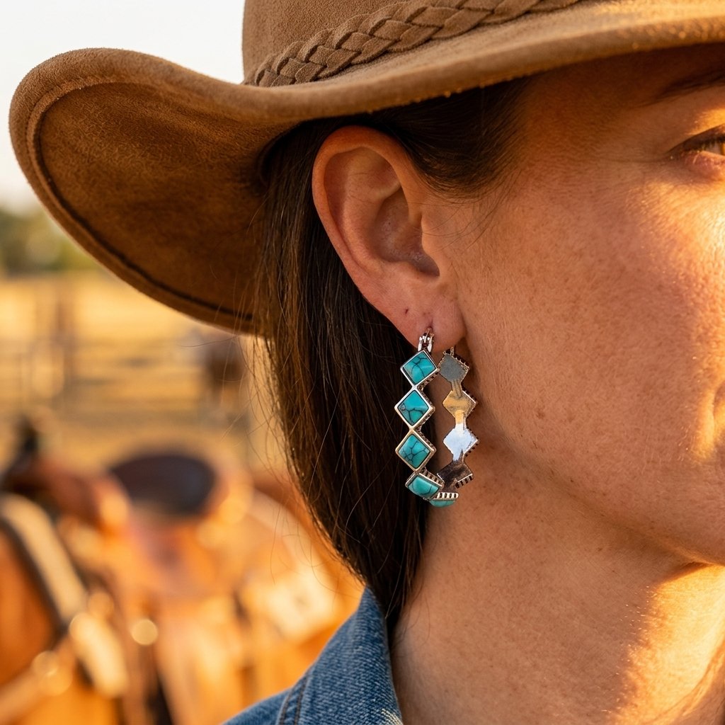 Boho Silver Turquoise Diamond  Shape Hoop Earrings