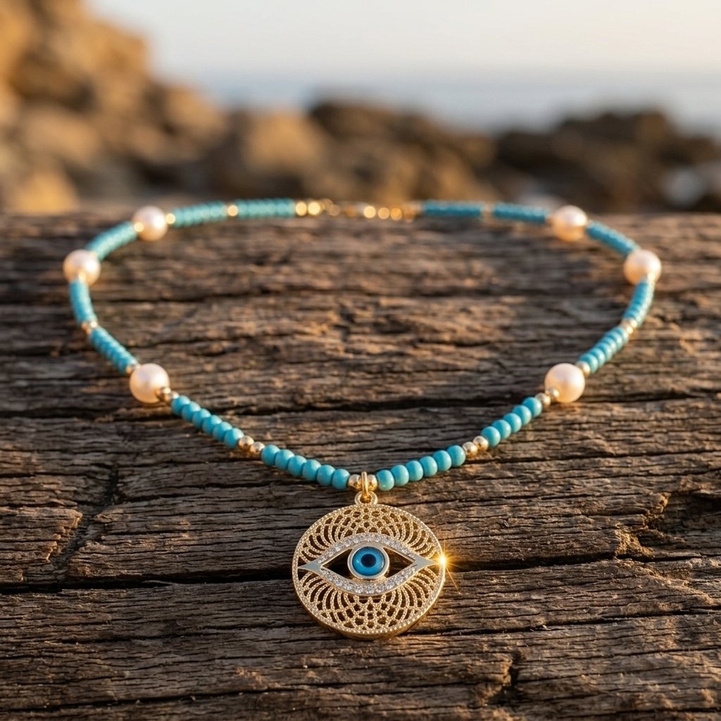 Boho Gold Turquoise Eye Necklace