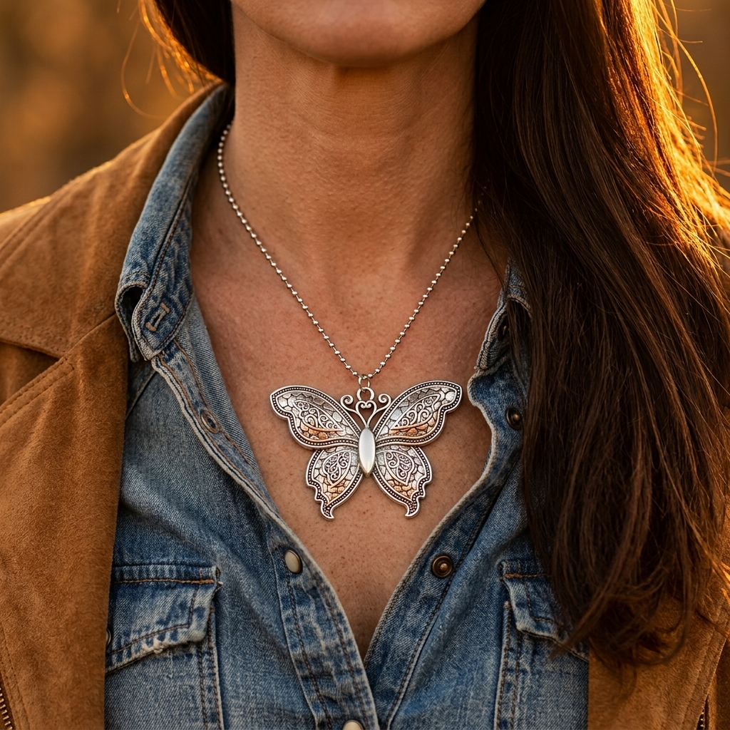 Vintage Silver Butterfly Ornate Pendant Necklace