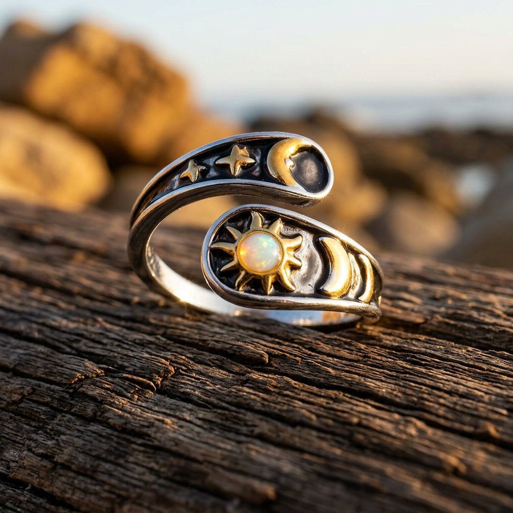 Celestial Silver Gold Sun Moon Opal Ring