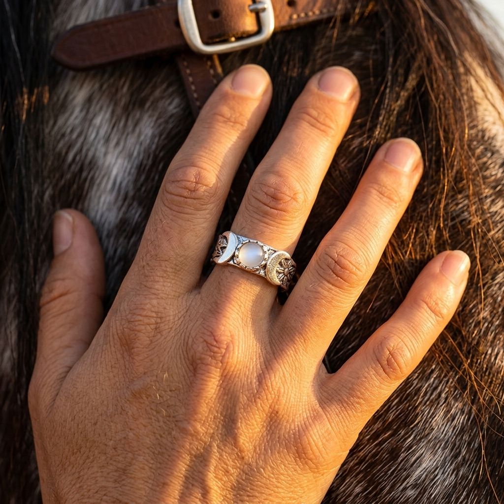 Boho Silver Moon Phase Moonstone Ring