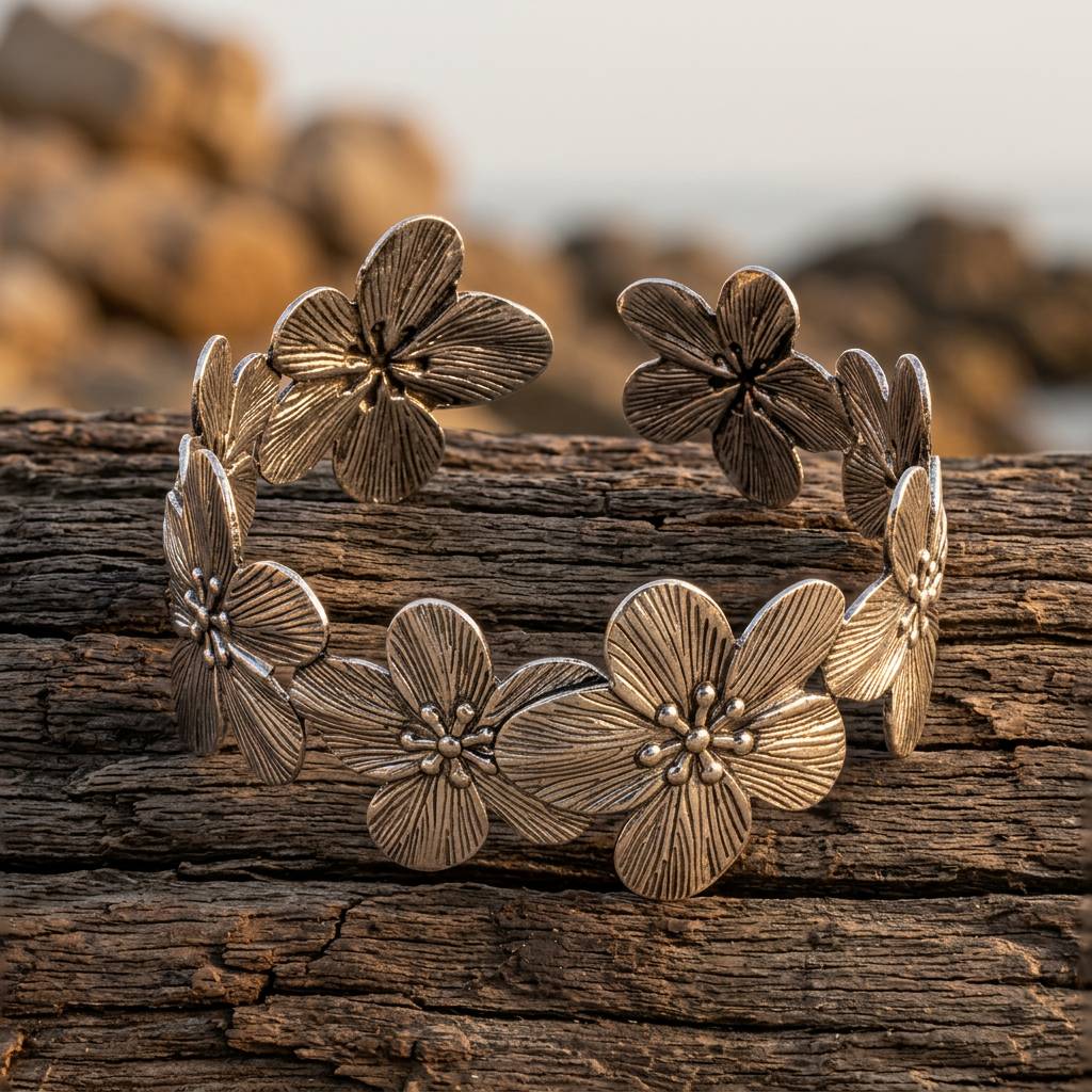 Boho Oxidized Silver Textured Flower Bracelet