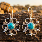 Boho Silver Turquoise Filigree Drop Earrings