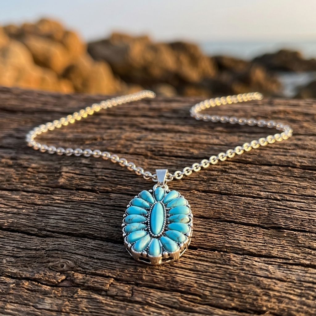 Boho Silver Turquoise Inlay Necklace