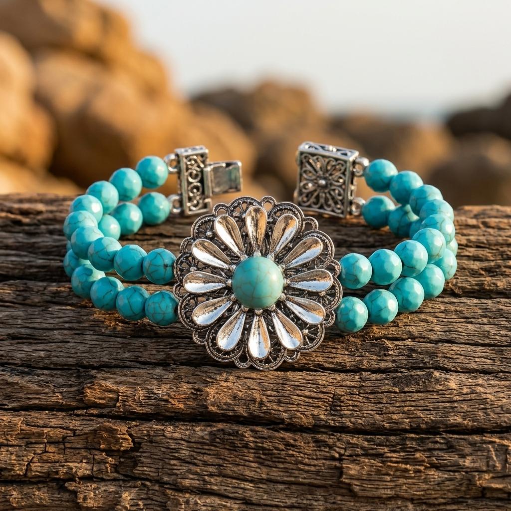 Boho Silver Turquoise Filigree Flower Bracelet
