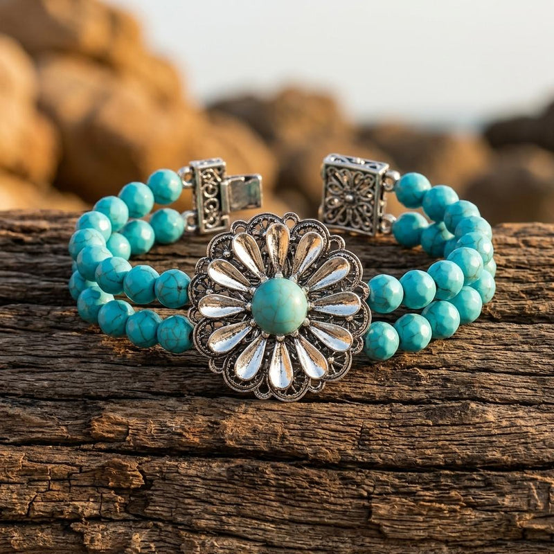 Boho Silver Turquoise Filigree Flower Bracelet