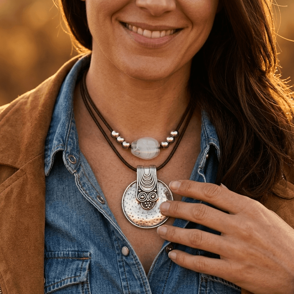 Bohemian Silver Relief Pendant Wax Rope Necklace