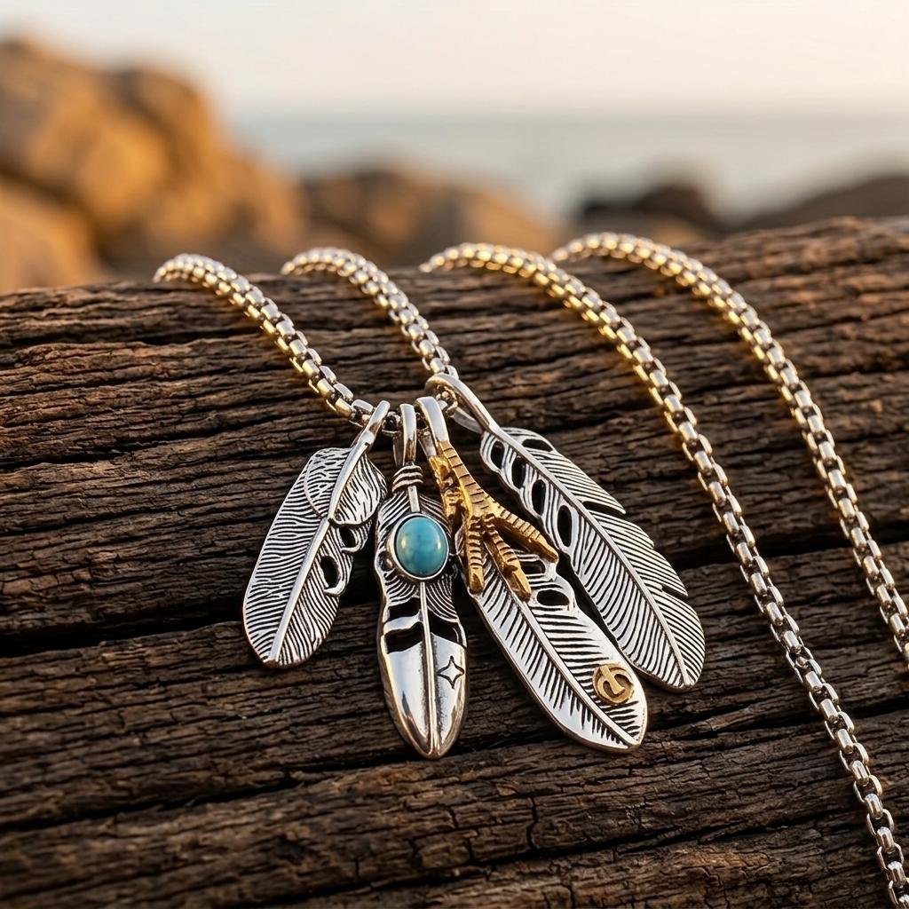 Boho Silver Turquoise Feather Pendant Necklace