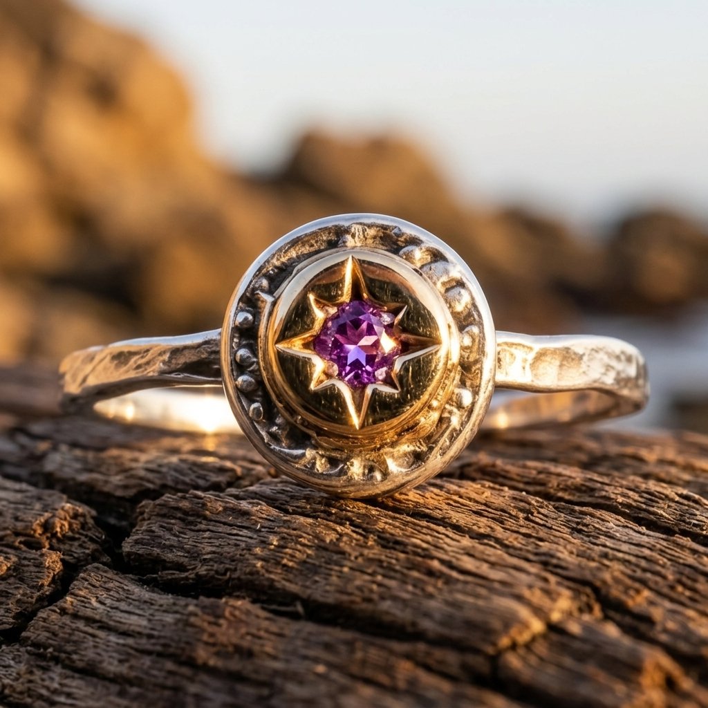 Vintage Gold Hammered Purple Amethyst Ring