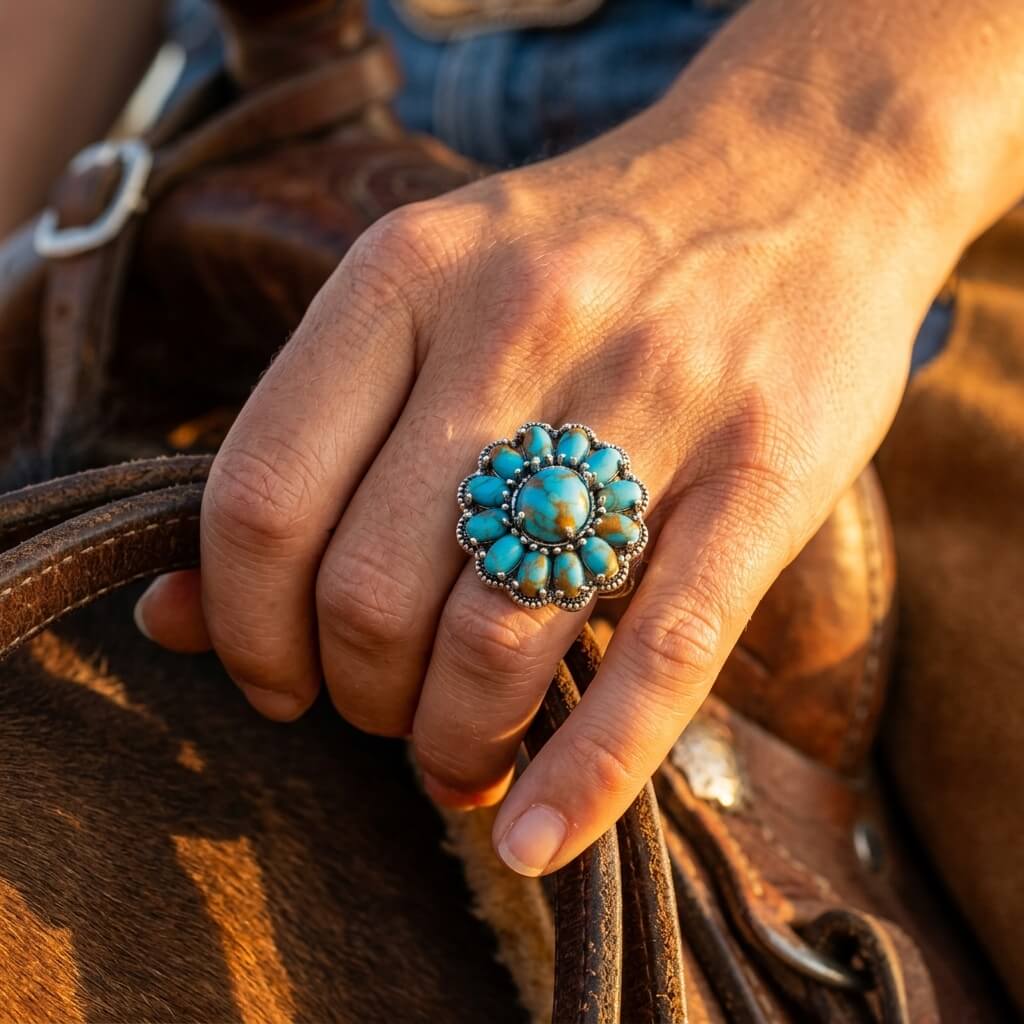 Boho Silver Turquoise Cluster Flower Ring