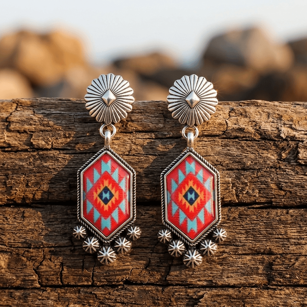 Red Geometric Alloy Silver Plated Dangle Earrings