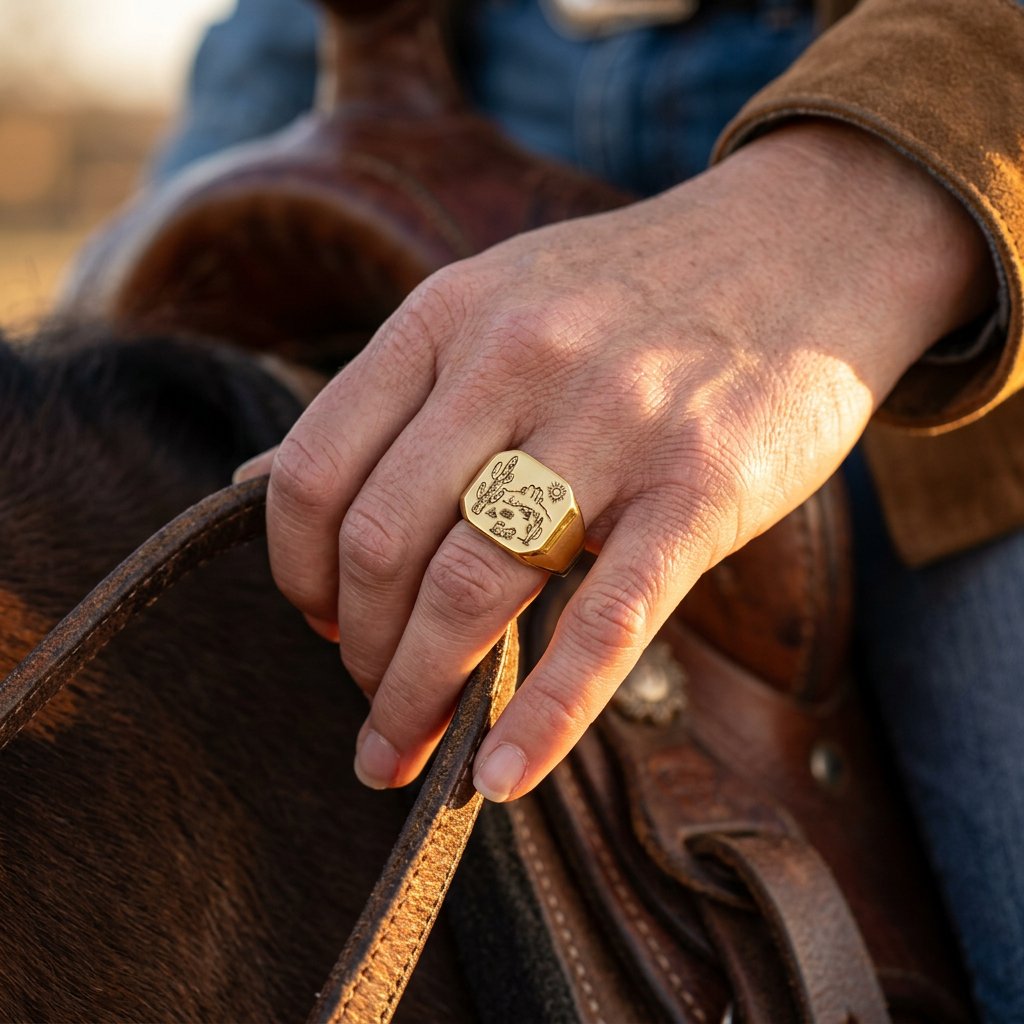 Western Gold Desert Cactus Signet Ring