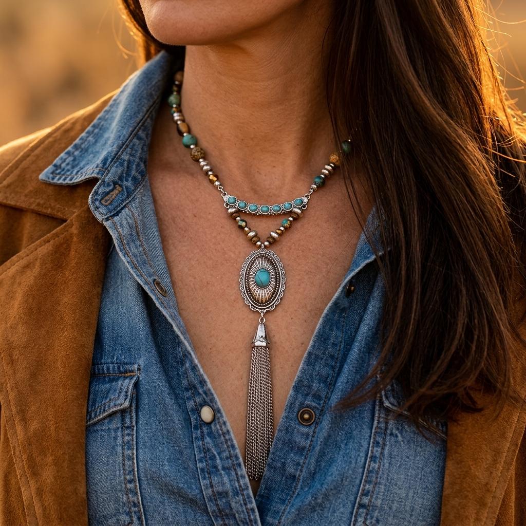 Boho Silver Turquoise Tassel Long Necklace