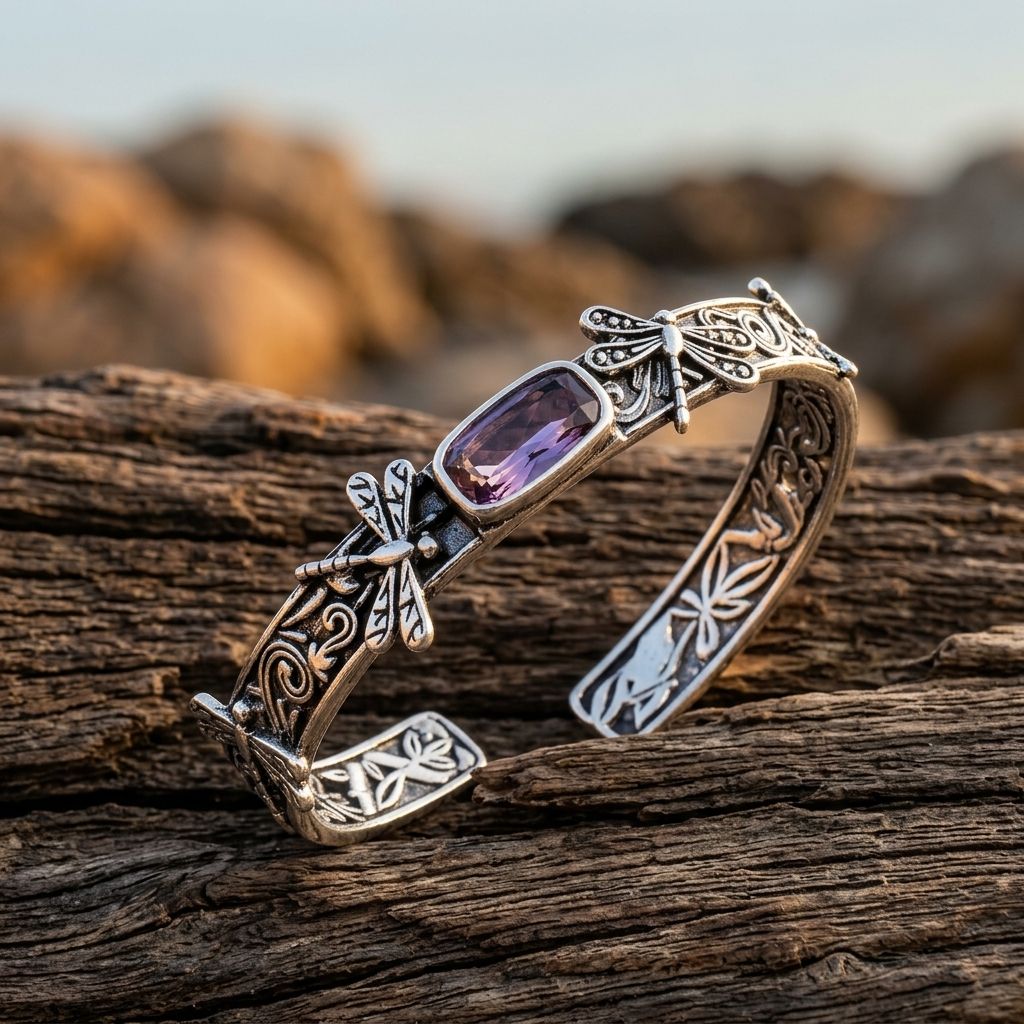 Vintage Silver Amethyst Dragonfly Bracelet