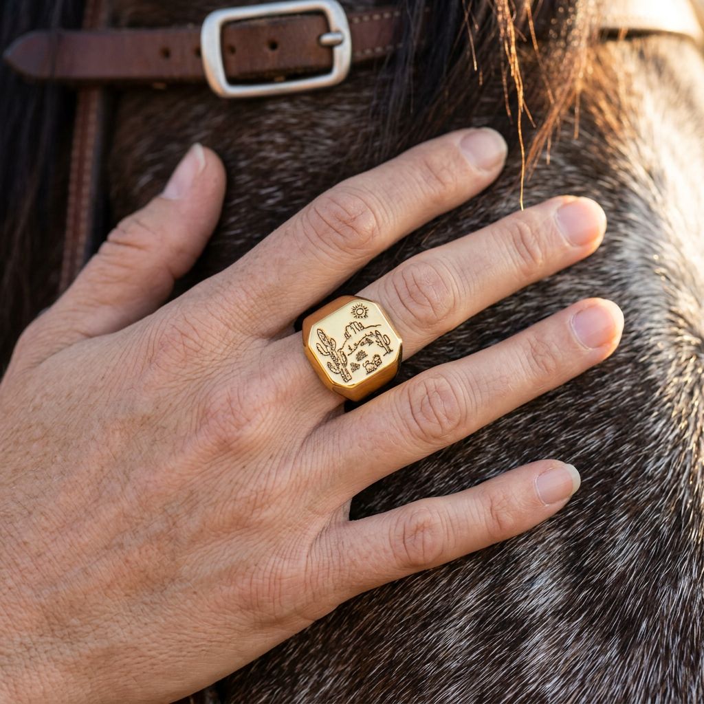 Western Gold Desert Cactus Signet Ring