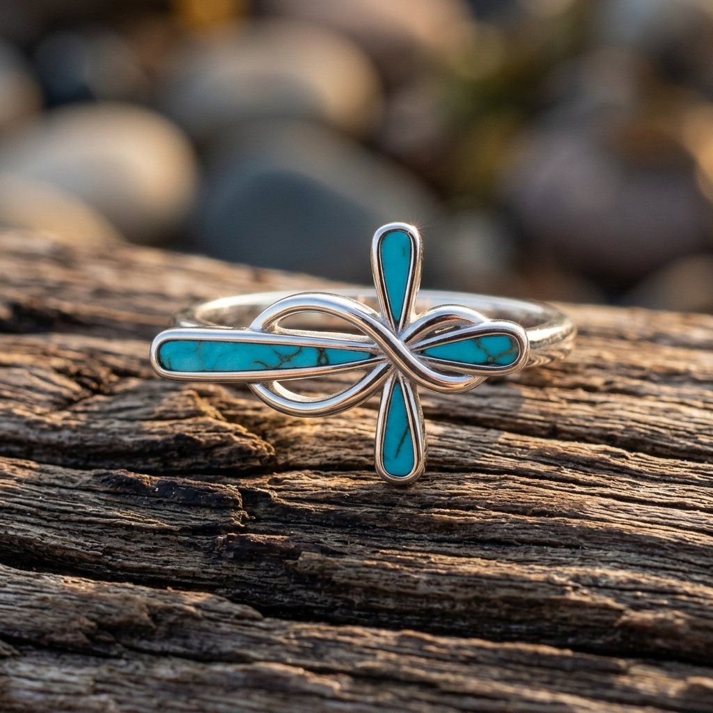 Boho Silver Turquoise Cross Ring