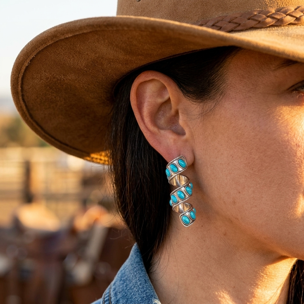 Western Turquoise Silver Spiral Drop Earrings