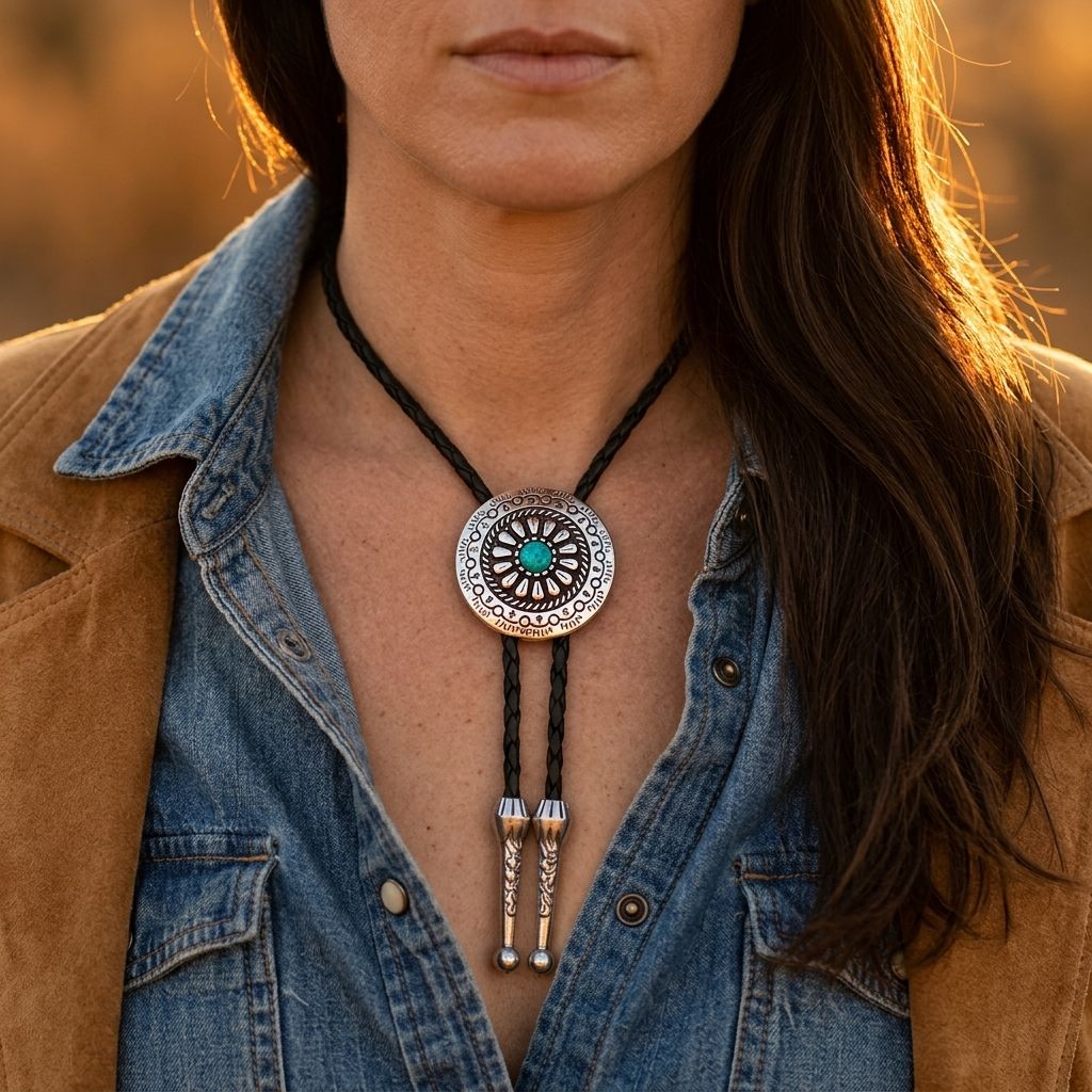 Western Turquoise Silver Medallion Bolo Tie Necklace