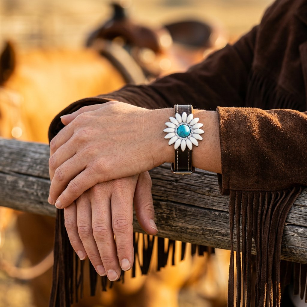 Boho Brown Leather Turquoise Daisy Bracelet