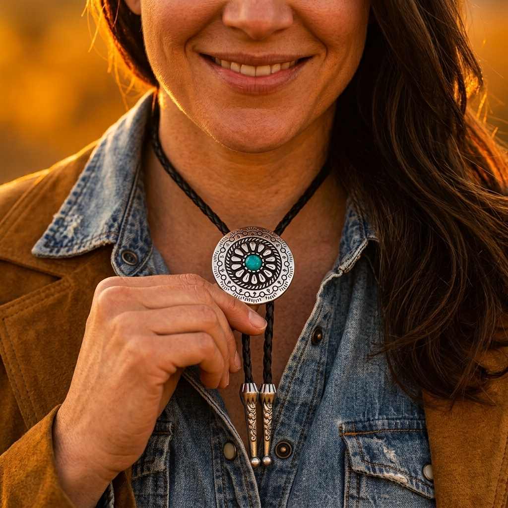 Western Turquoise Silver Medallion Bolo Tie Necklace