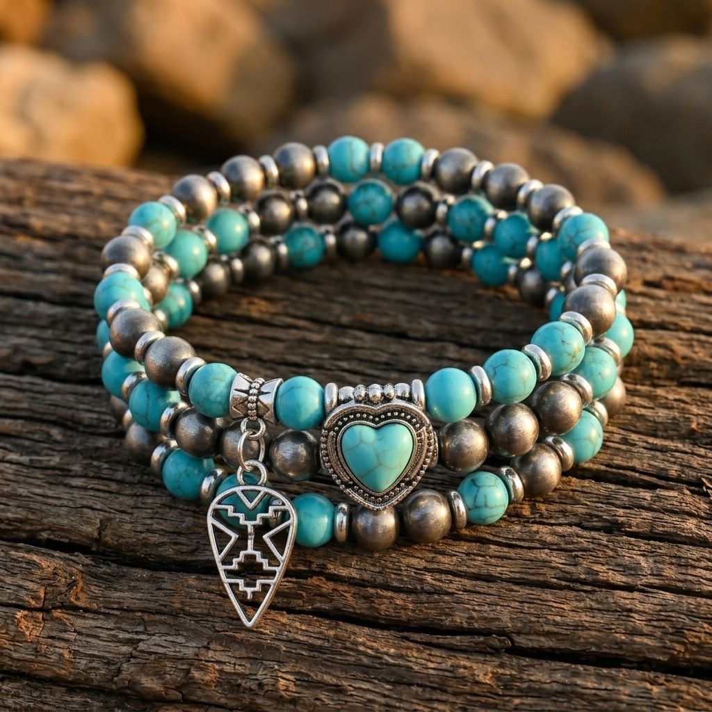 Boho Brass Turquoise Heart Charm Bracelet