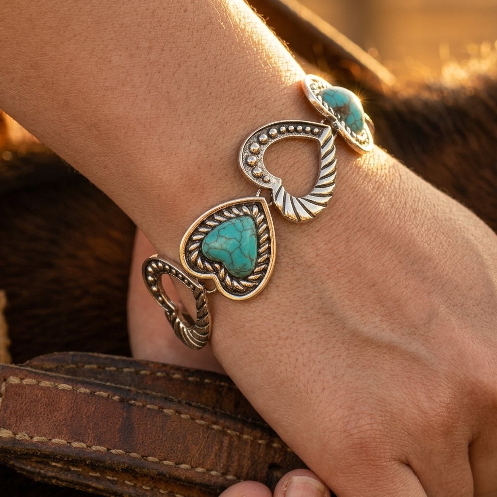Boho Silver Turquoise Heart Filigree Bracelet