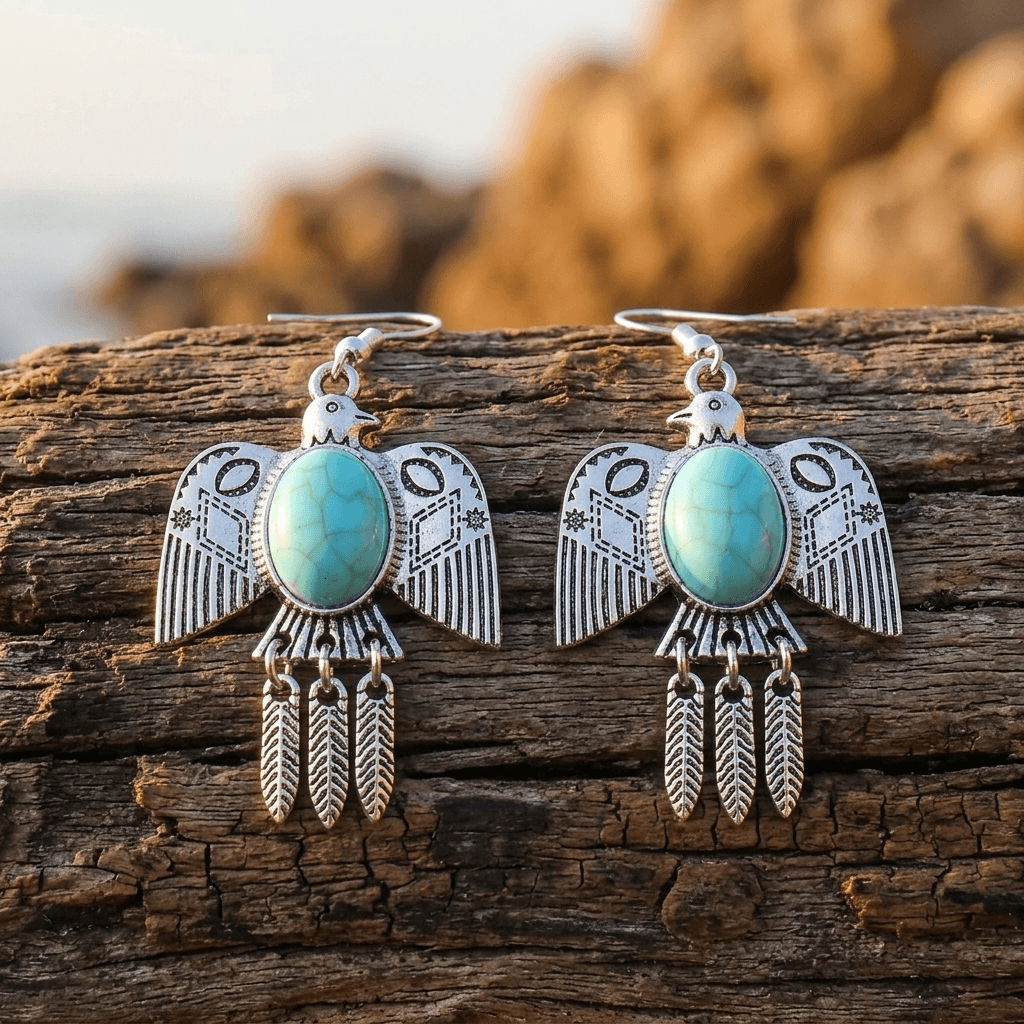 Vintage Silver Bird Feather Turquoise Dangle Earrings