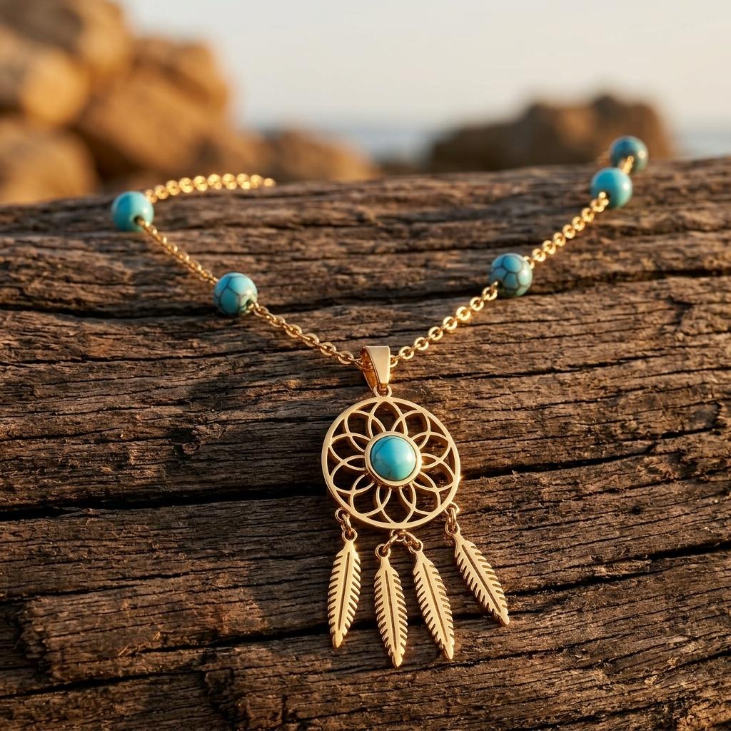 Boho Gold Turquoise Filigree Feather Necklace