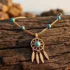 Boho Gold Turquoise Filigree Feather Necklace