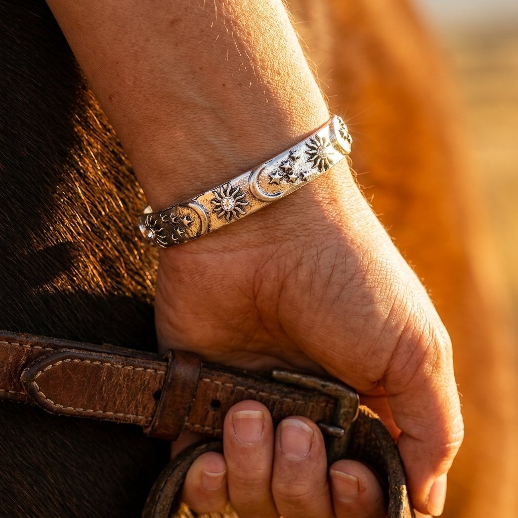 Retro Silver Embossed Sun Moon Bracelet