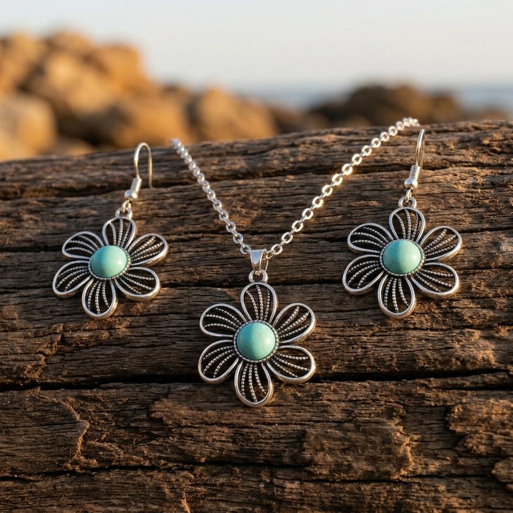Boho Silver Floral Cutout Turquoise Jewelry Set